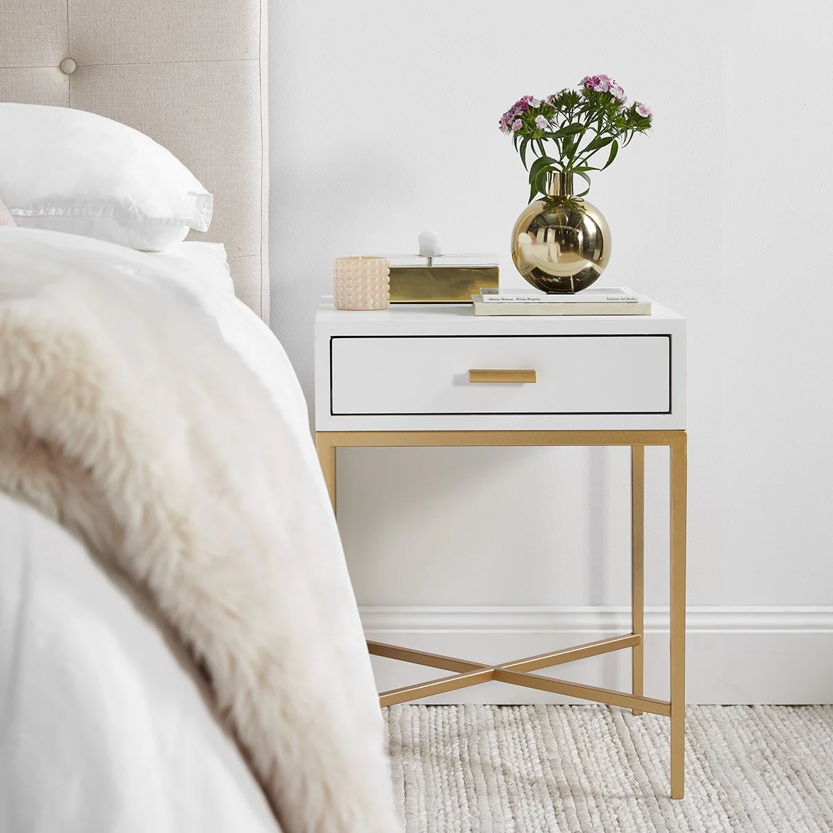 Nessa 1 Drawer Bedside Table -White/Gold - Image 3